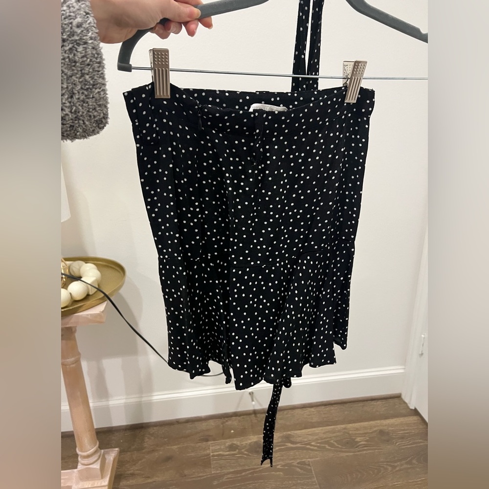 Black and white polka dot mini skirt with belt
